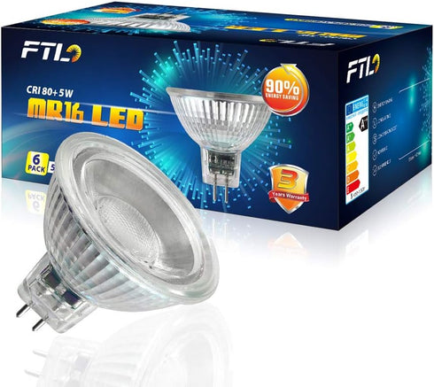 FTL MR16 LED Light Bulbs 3000K Warm White AC/DC 12V Non Dimmable Glass Cover 5W 500lm GU5.3 Spotlight 50W Halogen Replacement for Track Lighting a...