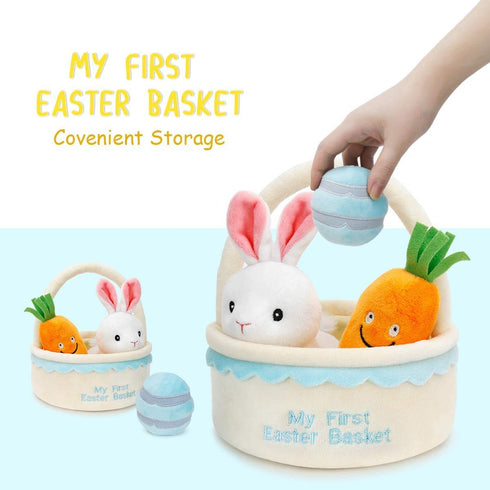 Baby's My First Easter Basket Playset Stuffed Plush Cartoon Bunny Toys Plush for Kids Boys Girls, 4 Pieces...