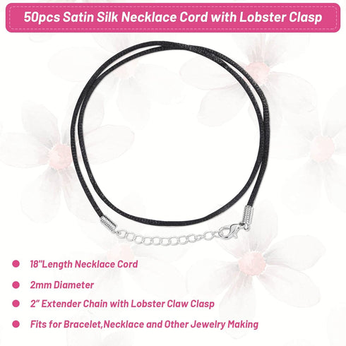 Selizo 50Pcs Satin Silk Necklace Cord with Lobster Clasp and Extension Chain for Necklaces Making and Beading (18 Inches, Black)...