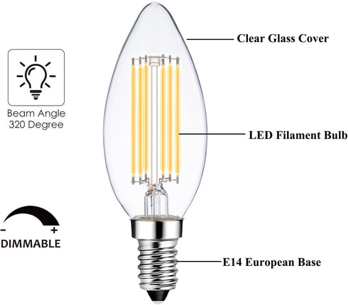 LED Light Bulbs E14 Base Warm White 2700K 60W Dimmable European Light Bulbs for Turkish Lamp, E14 Bulb 6W LED Candle Bulb, 6 Pack...