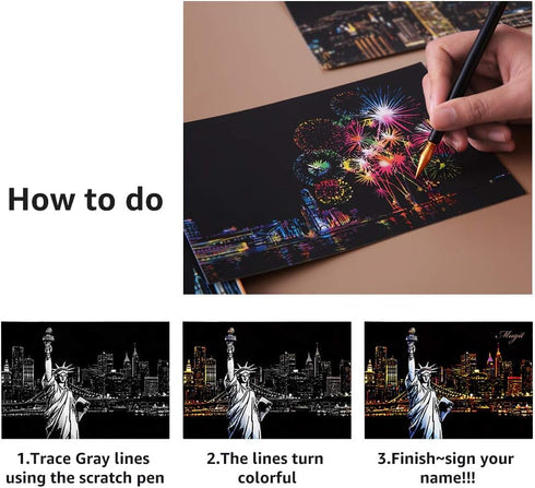 Magic Scratch Art Paper(7.9"x5.5") Rainbow Landscape Engraving Art Mini Scratchboard DIY Pads for Adults and Kids, Crafts Set: 12 Sheets Scratch P...