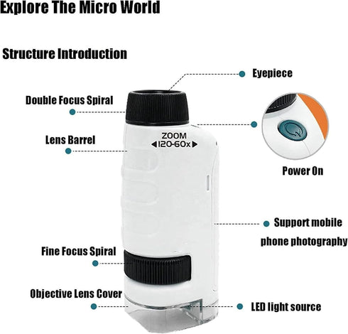Miniscope Kids, Pocket Microscope for Kids, Portable Microscope, Handheld Microscope, Led Lighted Pocket Microscope for Scientific Experiment...