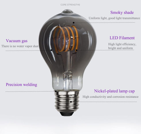 A19 Vintage Edison Filament Light Bulb, Warm White Antique Flexible Spiral LED Filament Light Bulb, E26 Base Smoky Grey Glass Finishing, Dimmable ...