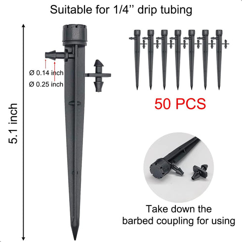 50 Pcs Drip Irrigation Emitters, Adjustable Flow 0-18 GPH Irrigation Drippers with Stake, 360 Degree Flow Sprinkler Head, Micro Sprinkler for Gard...