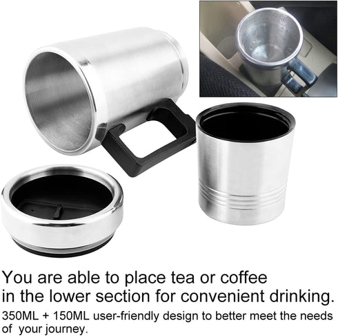 Acouto 12V Car Kettle 350Ml+150ML Stainless Steel Car Electric Heating Kettle Coffee Tea Travel Water Heating Cup...