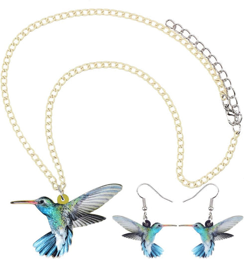 Acrylic Cyan-blue Hummingbird Birds Necklace Pendant Earrings Dangle Jewelry Sets for Women Teen Girls Charm Gifts...