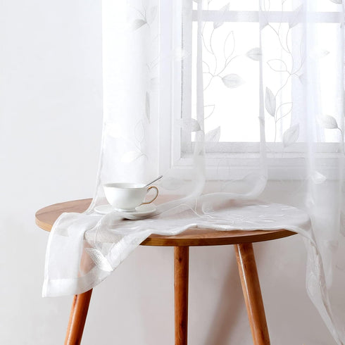 HOMEIDEAS White Sheer Curtains 52 X 63 Inches Length 2 Panels Embroidered Leaf Pattern Pocket Faux Linen Floral Semi Sheer Voile Window Curtains/D...