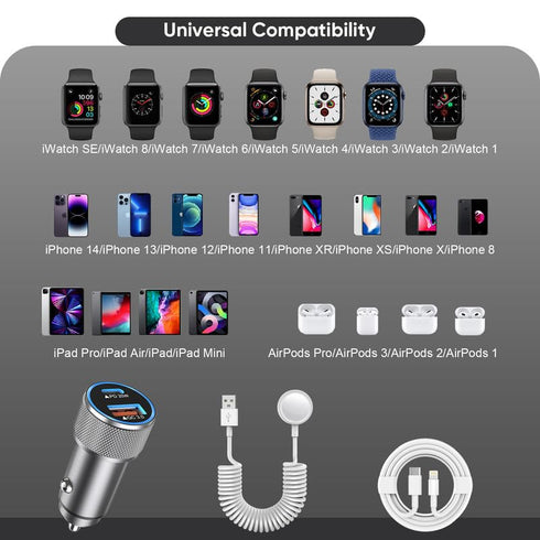 38W Apple Watch Car Charger,Long 6FT PD&QC3.0 Dual Port Apple Car Charger Adapter 6Foot USB-C to Lightning Cable+Apple Watch Cord Fast Charging fo...
