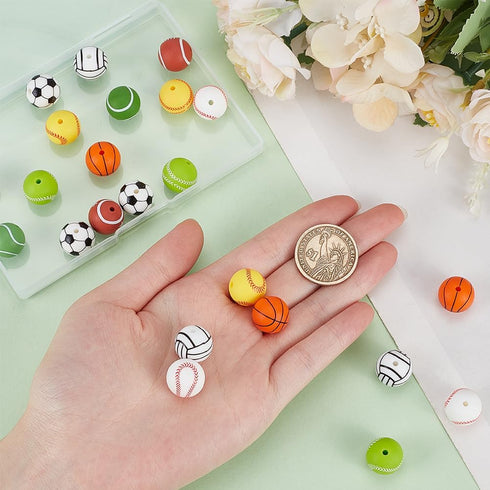 SUNNYCLUE 1 Box 32Pcs Ball Silicone Beads Silicone Round Focal Beads Baseball Soccer Basketball Silicone Sports Beads for Jewelry Making Supplies ...