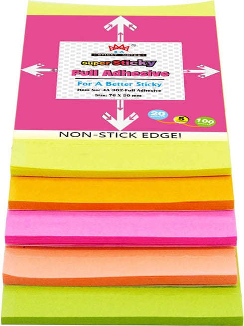 4A Sticky Full Adhesive Notes,3 1/3 x 2 Inches,20 Sheets/Color,Self-Stick Notes,5 Colors/Pack,100 Sheets Total,4A 302 Full Glue...