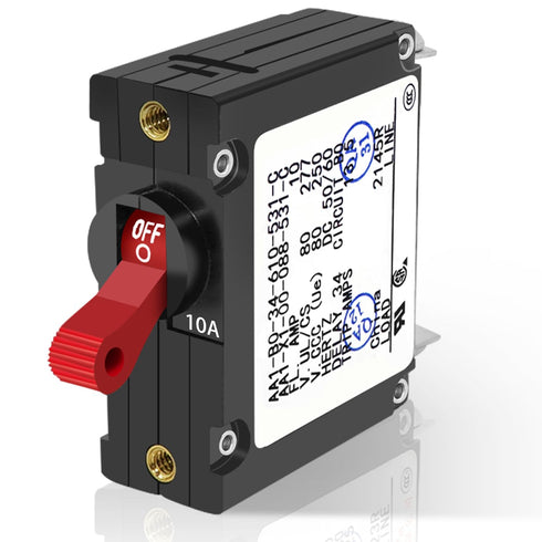 A Series Red Toggle AC/DC Single Pole 10A Boat Magnetic Circuit Breaker - 10 Amp Protects Low Power Devices for Yachts, Motorhomes, Campers and Ca...