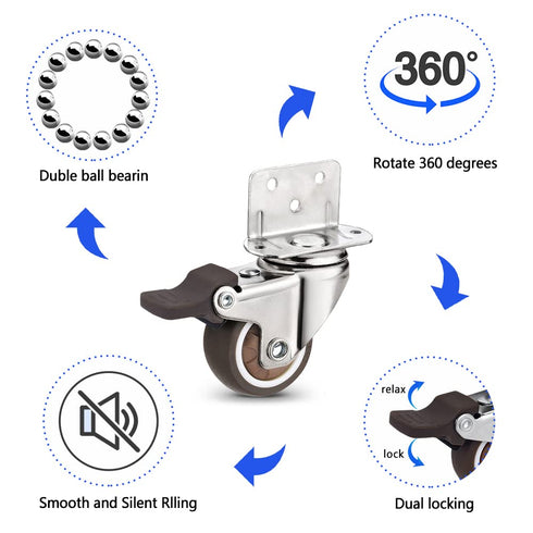 Heavy Duty Casters Set of 4 with Brake,L-Shape Side Mount TPR Plate Caster Wheels Replacement for Baby Bed, Carts Trolley, Kitchen Cabinet, Furnit...