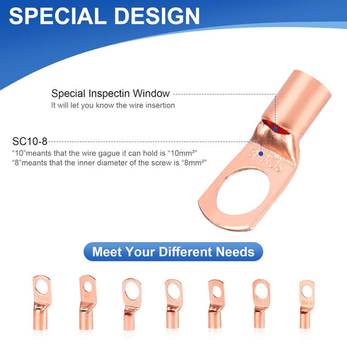 Copper Wire Lugs AWG12 10 8 6 Gauge Wire Connectors, SQQHXX Heat Shrink Set, with 30Pcs Battery Cable Ends Ring Terminals Connectors and 30Pcs Hea...