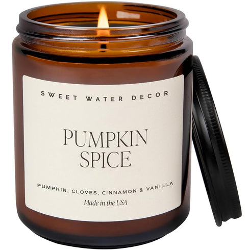 Sweet Water Decor Pumpkin Spice Candle | Pumpkin, Cloves, Buttercream, Cinnamon, and Vanilla Scented Candles for Home | 9oz Amber Jar with Black L...