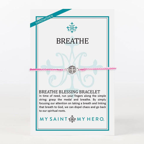 My Saint My Hero Breathe Blessing Bracelet - Silver-Plated Medal on Pink Hand-Woven Cord...