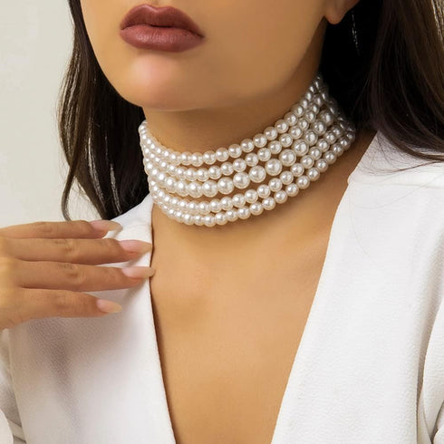 Boho Round Imitation Pearl Choker Necklace Multi Strands Vintage Choker Bridal Wedding Crystal Jewelry for Women...