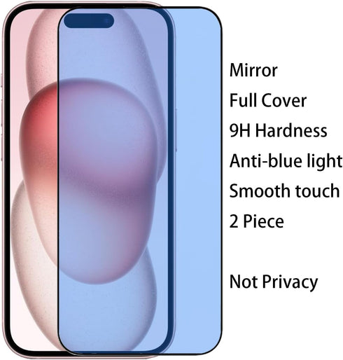 2 Pack Anti-Blue Tempered Glass Mirror Screen Protector Film for iPhone 15 Plus, 6.7 inch 9H Hardness Anti-scratch Full Covered (Blue)...