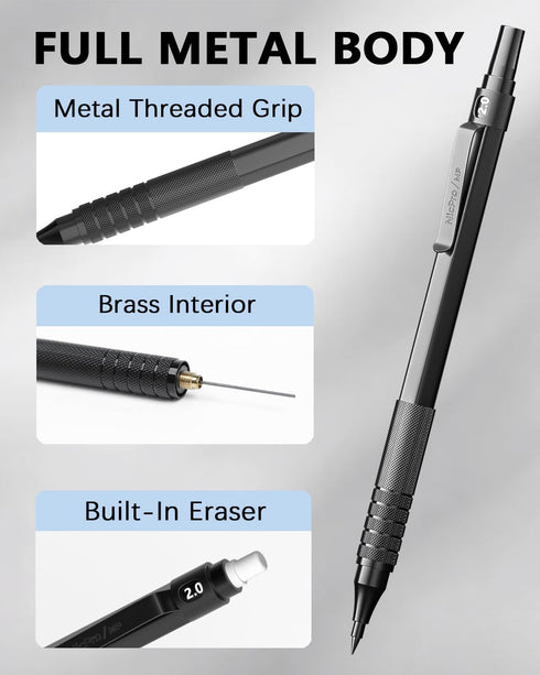 Nicpro Black Metal 2.0 Mechanical Pencil Set with Case, 3 PCS Drafting Lead Holder with 2mm Graphite Lead Refill (HB 2H 4H 2B 4B) & Colors, Sharpe...