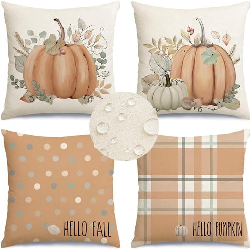 RABUSOFA Outdoor Fall Decor Pillow Covers 18x18 Inch,Waterproof Polka Dots Pumpkin Pillow Cases Set of 4,Thanksgiving Decorative Striped Buffalo P...