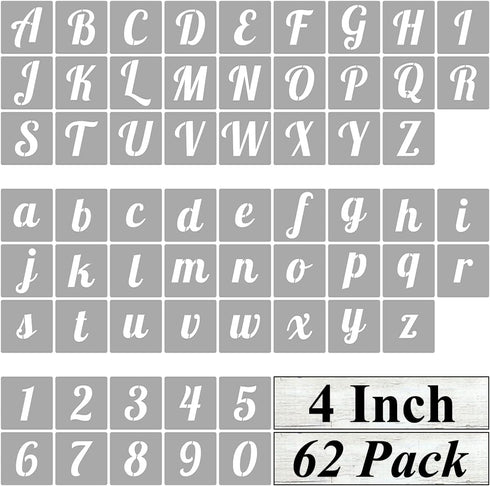 4 Inch Alphabet Letter Stencils for Painting - 62 Pack Letter and Number Stencil Templates for Painting on Wood, Reusable Cursive Numbers and Lett...