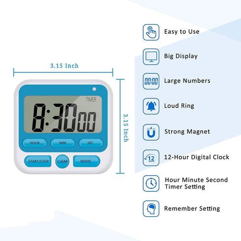 24-Hours Digital Kitchen Timer, Upgraded 12-Hour Display Clock, Big Digits, Loud Alarm, Magnetic Backing Stand, Count-Up & Count Down, Kids Timers...
