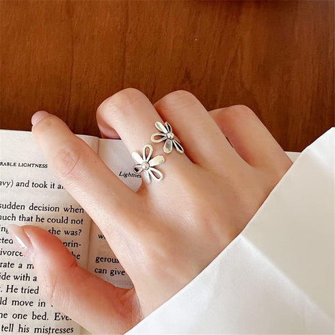 Daisy Flower 925 Sterling Silver Adjustable Open Ring for Women Girls Hypoallergenic Expandable Wedding Statement Finger Rings Comfort Fit Dainty ...