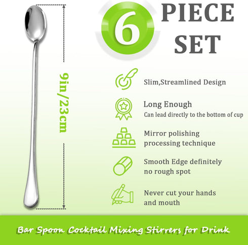 Long Handle Iced Tea Spoon, 9-inch Stainless Steel Cocktail Mixing Stirrers Spoon Coffee Spoon Ice Cream Spoon Bar Cocktail Shaker Spoon Stirrers ...