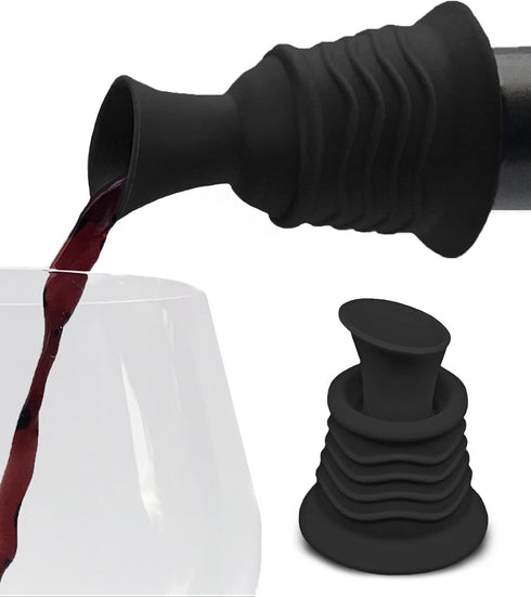Wine Stopper and Pourer –Black Silicone Two in One Accessory to Serve and Save Wine More Easily by Simply Charmed...