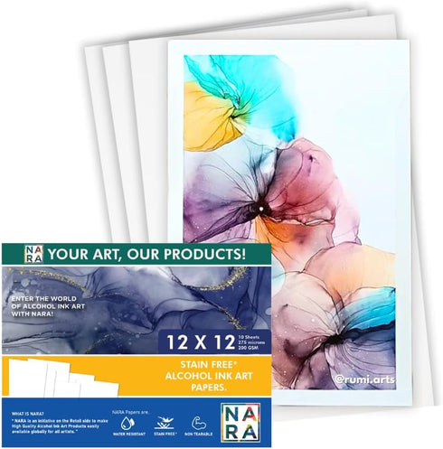 NARA Alcohol Ink Paper | White | 12 inches x 12 inches (12”x12”) | 275 microns/200 GSM | Medium Paper | 10 Sheets | Paper for Alcohol Ink Art Pain...