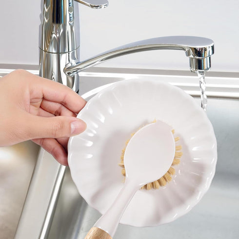 Kitchen Dish Brush Bamboo Handle Dish Scrubber Built-in Scraper, Scrub Brush for Pans, Pots, Kitchen Sink Cleaning, Dishwashing and Cleaning Brush...