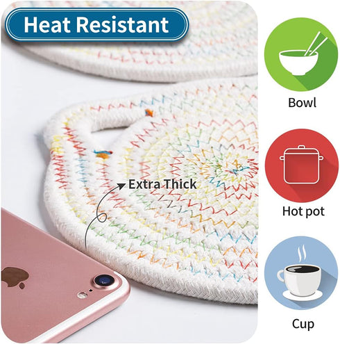 7" Cotton Trivets Set, 3Pcs Cute Cat Ear Pot Holders Woven Hot Pads Mats Thick Heat Resistant for Hot Pots and Pans Round Hot Plate Holder Washabl...