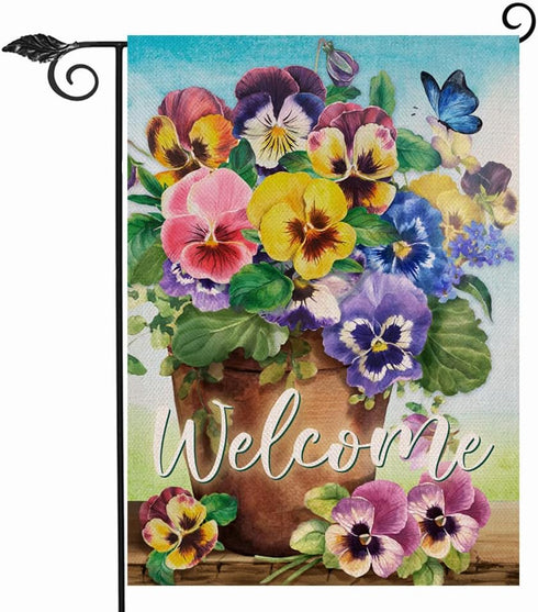Welcome Spring Pansy Floral Garden Flag Double Sided, Flower Pot Arrangement Decorative House Yard Lawn Outdoor Small Decor, Summer Holiday Butter...