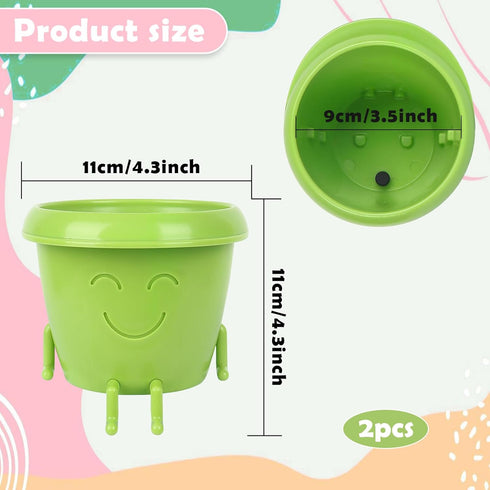 2-Pack Smiling Cute Plant-Pots - Plastic Funny Face Flower Pots with Drainage, Unique Cute Planters for Indoor Plants, Gifts for Plant Lovers...