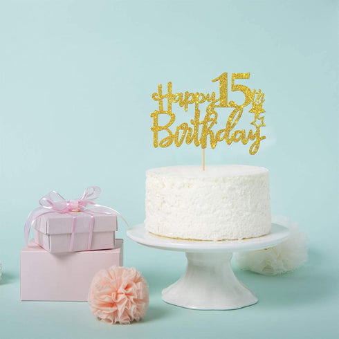 Gold Glitter Happy 15th Birthday Cake Topper - 15 Sign Cake Topper - Cheers to 15 Years Party Supplies - 15th Birthday Party Decoration...