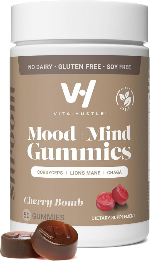 VitaHustle Super Mushroom Mood + Mind Focus Gummies, Lions Mane Mushrooms, Reishi, Chaga, Cordyceps, Vegan, Low Sugar, Non GMO, Cherry Flavor, 50 ...