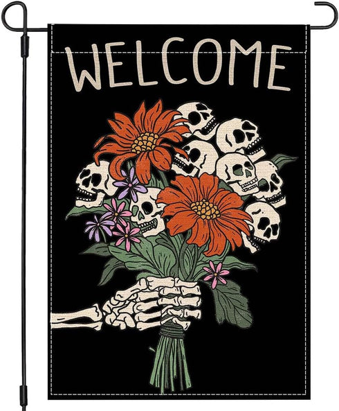 Halloween Garden Flag 12x18 Inch Double Sided Welcome Skull Flower Skeleton Gothic Spooky Halloween Decorations Outdoor Garden Flag Burlap for Sea...