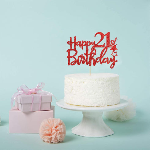Red Glitter Happy 21st Birthday Cake Topper - 21Sign Cake Topper - Cheers to 21 Years Party Supplies - 21st Birthday Party Decorations...