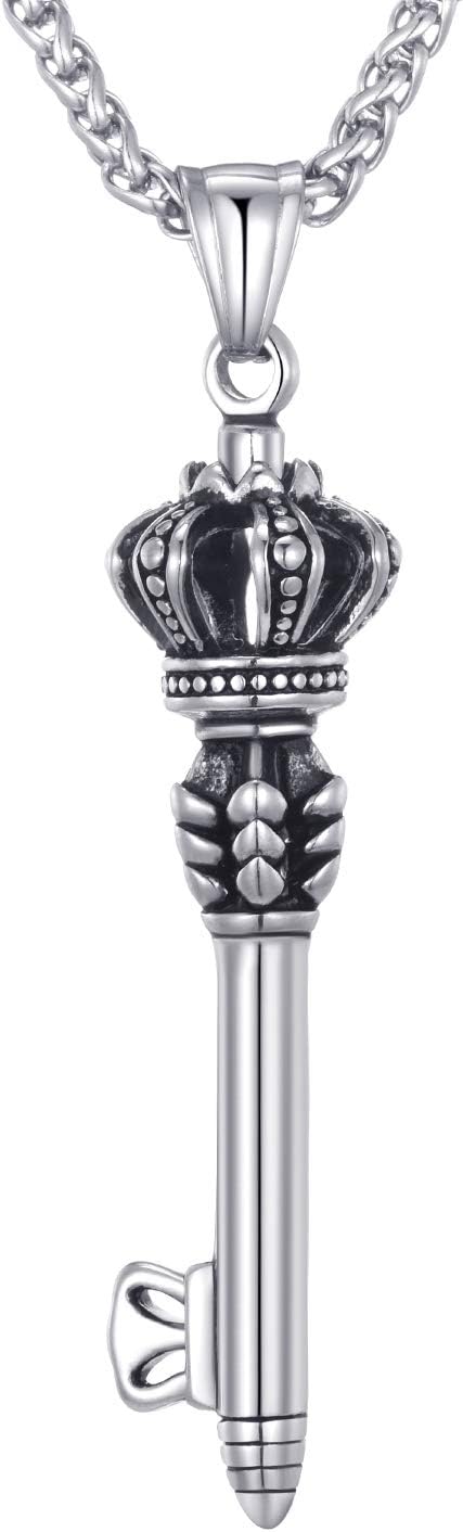 MOO&LEE Mens Stainless Steel Crown Key Pendant Necklace with 24 Inches Link Chain...