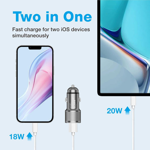 MOCA for iPhone 38W Fast Car Charger, Dual Port USB C Power Delivery All Metal Lighter PD/QC3.0 Car Charger with 2Pack PD Lightning Cord Quick Cha...