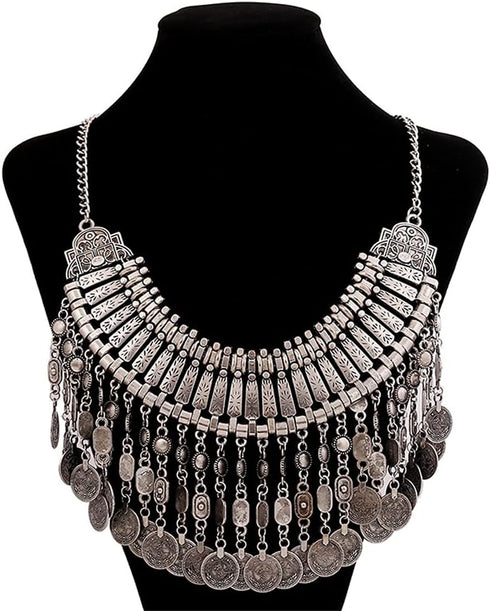 LUREME Boho Coin Statement Necklace for Women, Collar Choker Long Tassel Ethnic Gypsy Chunky Necklace (nl006294)...