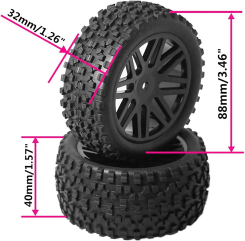 12mm Hex Wheel Rims Mesh Shape Rubber Tires with Sponge 88mm/3.46" Replacement for 1/10 RC Off-Road Car Truck Monster,Black...