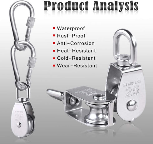 2pcs M25 Single Pulley Block with 3pcs Spring Snap Hook Carabiner, Heavy Duty 304 Stainless Steel Pulley Roller & 3'' Spring snap Hooks, Pully Cra...