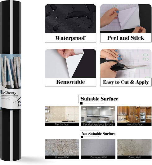 LACHEERY Glossy Black Contact Paper for Cabinets Shiny Peel and Stick Wallpaper Black Kitchen Cabinet Contact Paper Peel and Stick Black Removable...