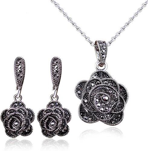 Vintage Black Crystal Geometric Rose Flower Necklace Earrings Fashion Jewelry Sets Christmas Day Gifts...
