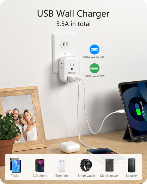 LENCENT 3 to 2 Prong Outlet Adapter, 2 Prong Outlet Extender, Wall Tap Plug Splitter with 4 AC Outlets 4 USB Charger Cube(2 USB C), Polarized Plug...