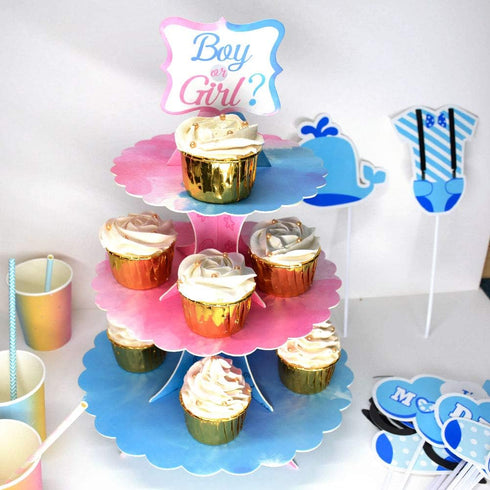 Gender Reveal Cupcake Stand Gender Reveal Party Favors Blue and Pink 3 Tier Cardboard Cake Stand for Girl Boy Party Decorations...