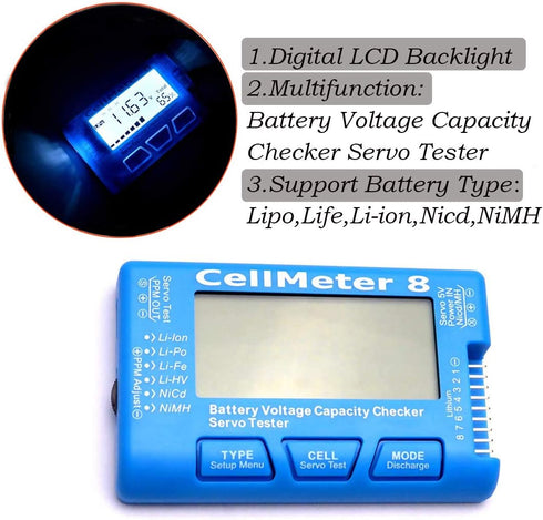 RC CellMeter 8 Digital 1S-8S Battery Capacity Checker Battery Voltage Tester LCD Backlight for LiPo Life Li-ion NiMH Nicd...