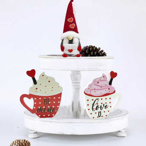 2 Pieces Valentines Day Wooden Coffee Sign Double Side Coffee Cup Table Sign Drinks Tabletop Decoration for Valentines Day Holidays Wed...