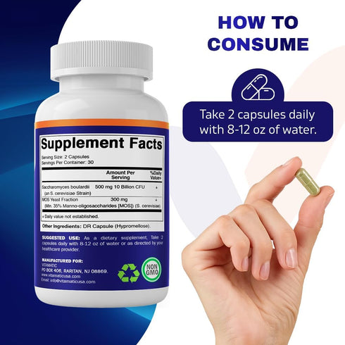Vitamatic Saccharomyces Boulardii Probiotic 10B per Serving + Yeast Extract (MOS Yeast Fraction) 300 mg - 60 DR Capsules - Made in The USA...