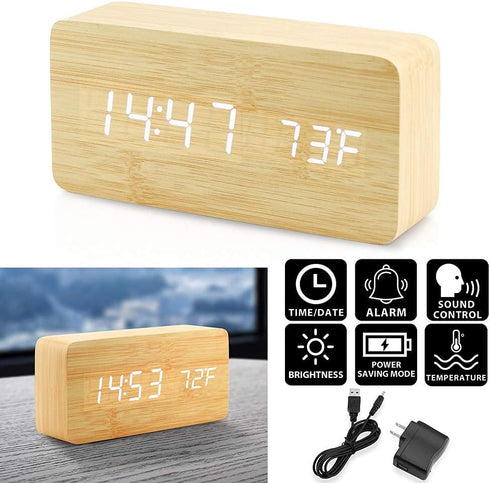 OCT17 Wooden Digital Alarm Clock, Wood Fashion Multi-Function LED Alarm Clock with USB Power Supply, Voice Control, Timer, Thermometer - Bamboo...